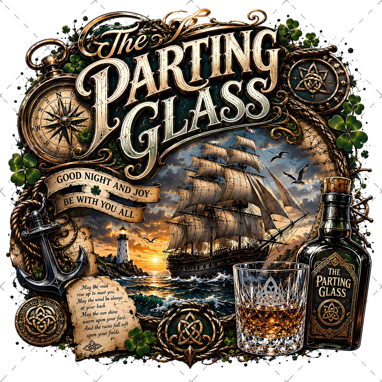 The Parting Glass Irish Folk Song Printable Wall Art Celtic Pub Decor Sublimation PNG Commercial Use, sailing ship sunset, whiskey glass wall a, farewell song poster, PNG, digital download, high resolution