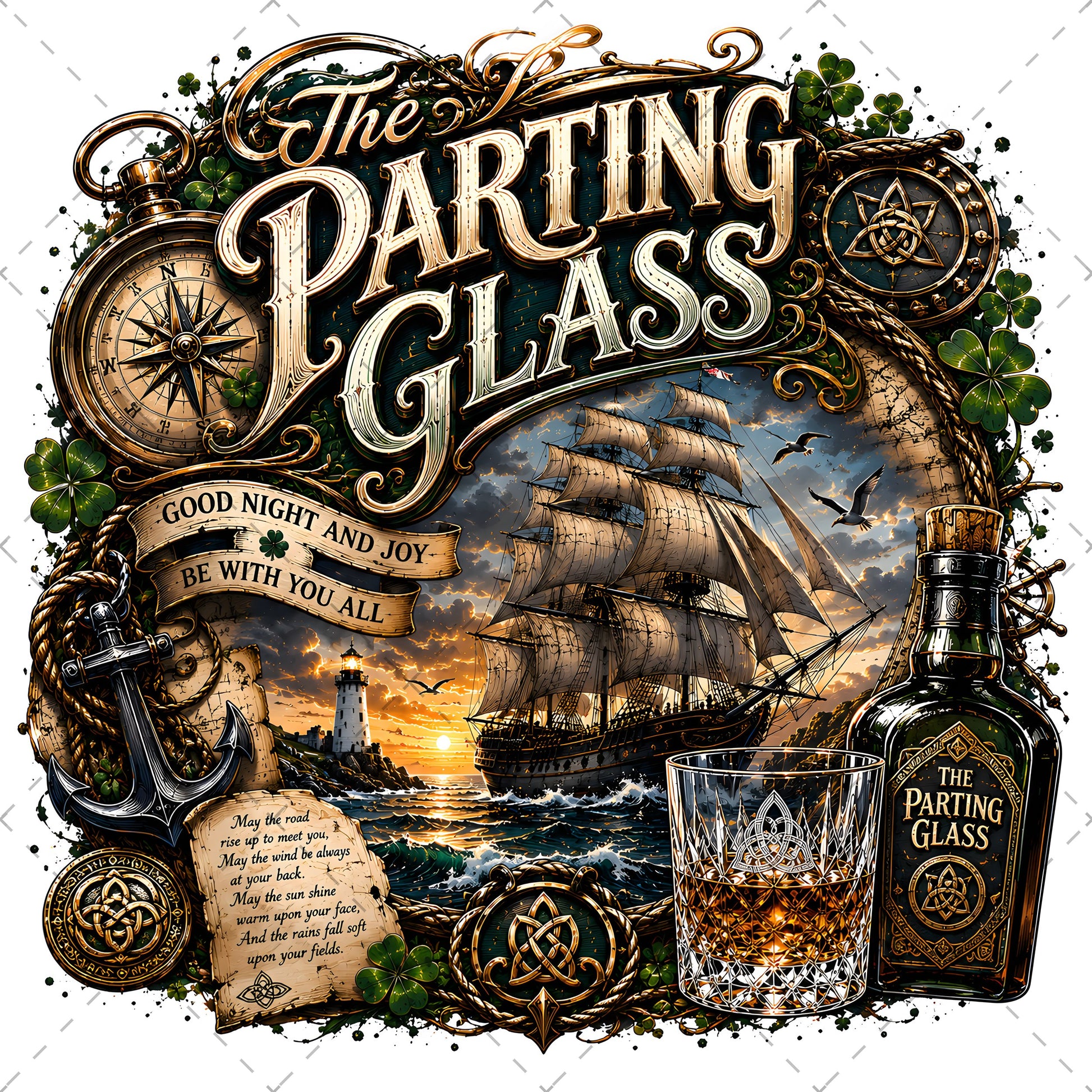 The Parting Glass Irish Folk Song Printable Wall Art Celtic Pub Decor Sublimation PNG Commercial Use, sailing ship sunset, whiskey glass wall a, farewell song poster, PNG, digital download, high resolution