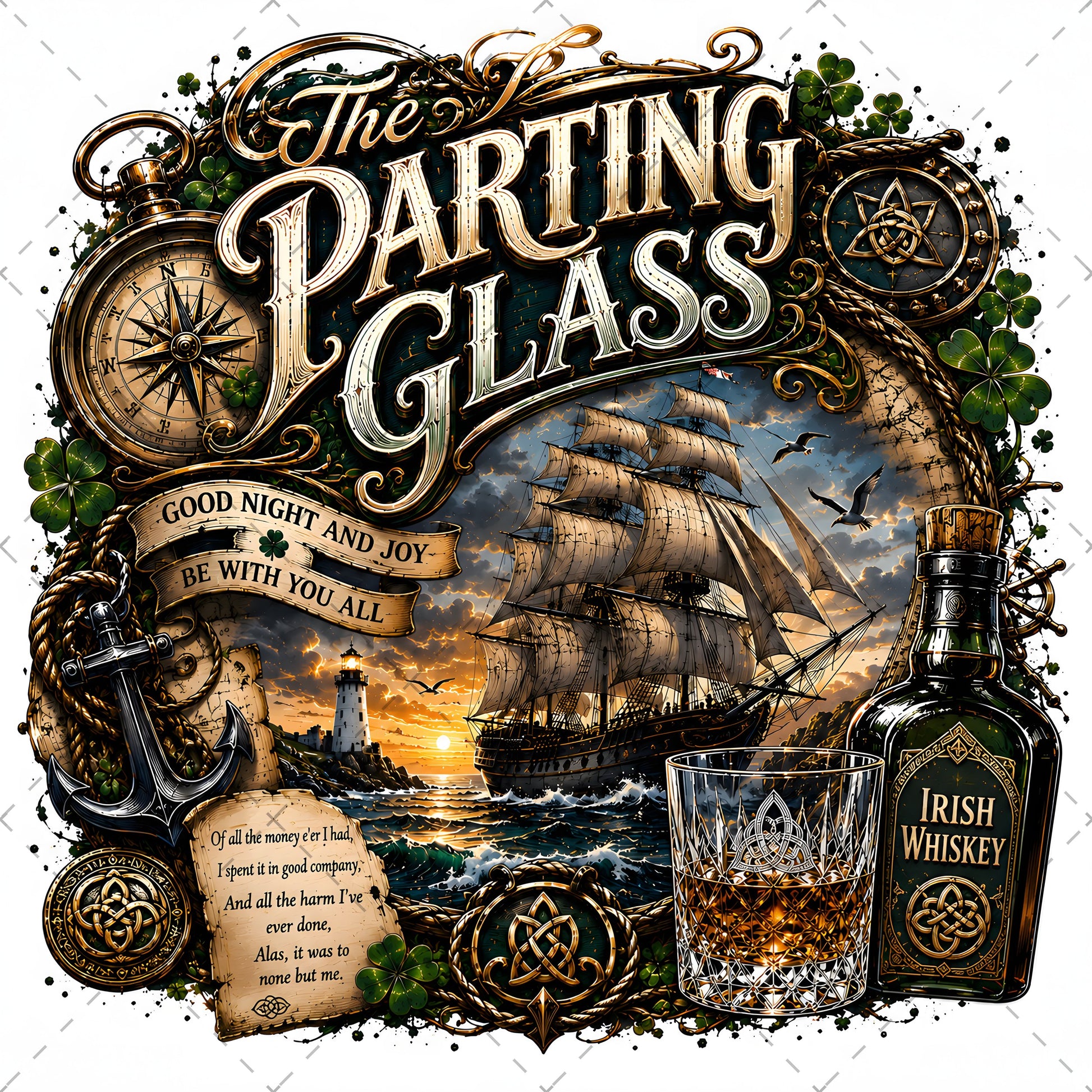 The Parting Glass Irish Folk Song Printable Wall Art Celtic Pub Decor Sublimation PNG Commercial Use, celtic knot design, sailing ship sunset, whiskey glass wall a, PNG, digital download, high resolution