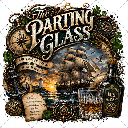 The Parting Glass Irish Folk Song Printable Wall Art Celtic Pub Decor Sublimation PNG Commercial Use, celtic knot design, sailing ship sunset, whiskey glass wall a, PNG, digital download, high resolution