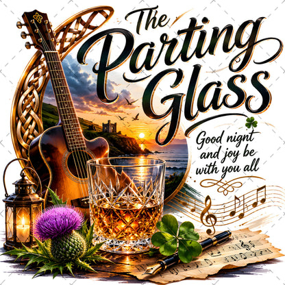The Parting Glass Irish Folk Song Printable Wall Art Celtic Pub Decor Sublimation PNG Commercial Use, shamrock digital dow, celtic knot design, sailing ship sunset, PNG, digital download, high resolution