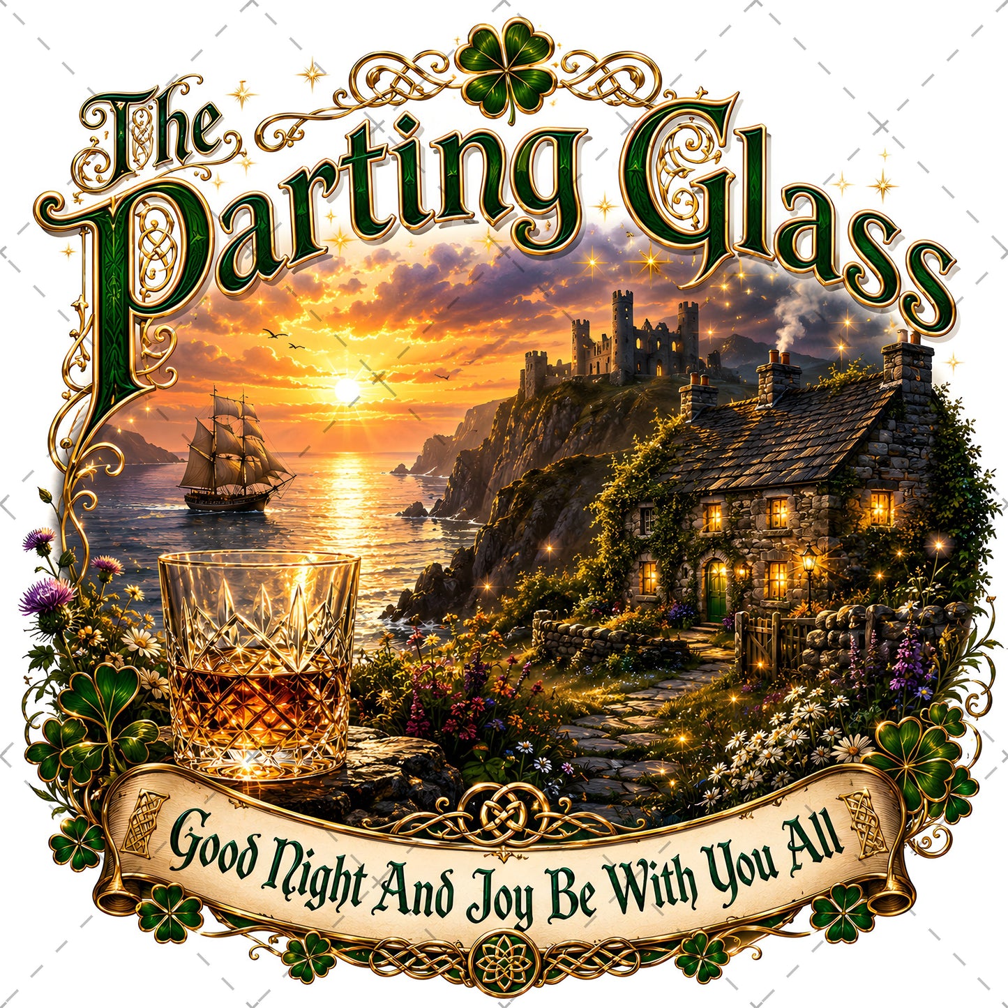 The Parting Glass Irish Folk Song Printable Wall Art Celtic Pub Decor Sublimation PNG Commercial Use, sailing ship sunset, whiskey glass wall a, farewell song poster, PNG, digital download, high resolution