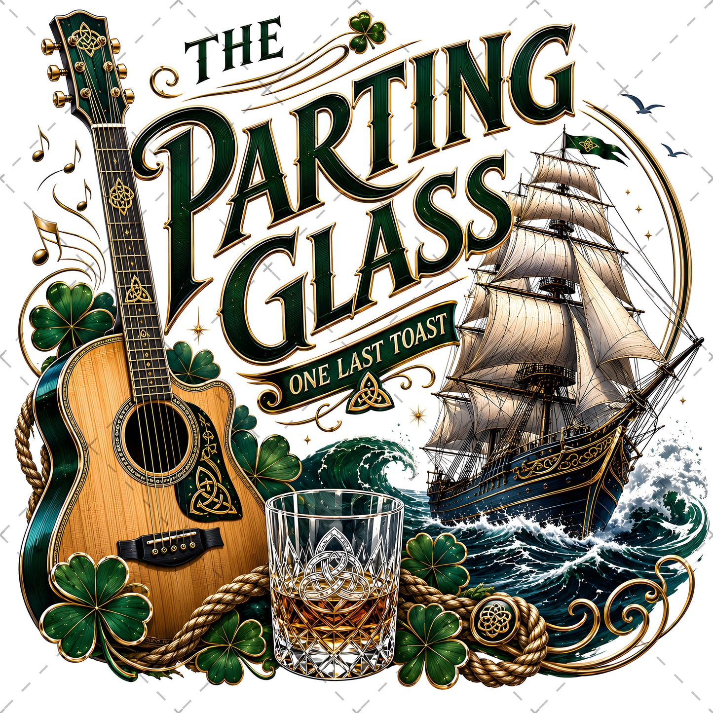 The Parting Glass Irish Folk Song Printable Wall Art Celtic Pub Decor Sublimation PNG Commercial Use, celtic knot design, sailing ship sunset, whiskey glass wall a, PNG, digital download, high resolution