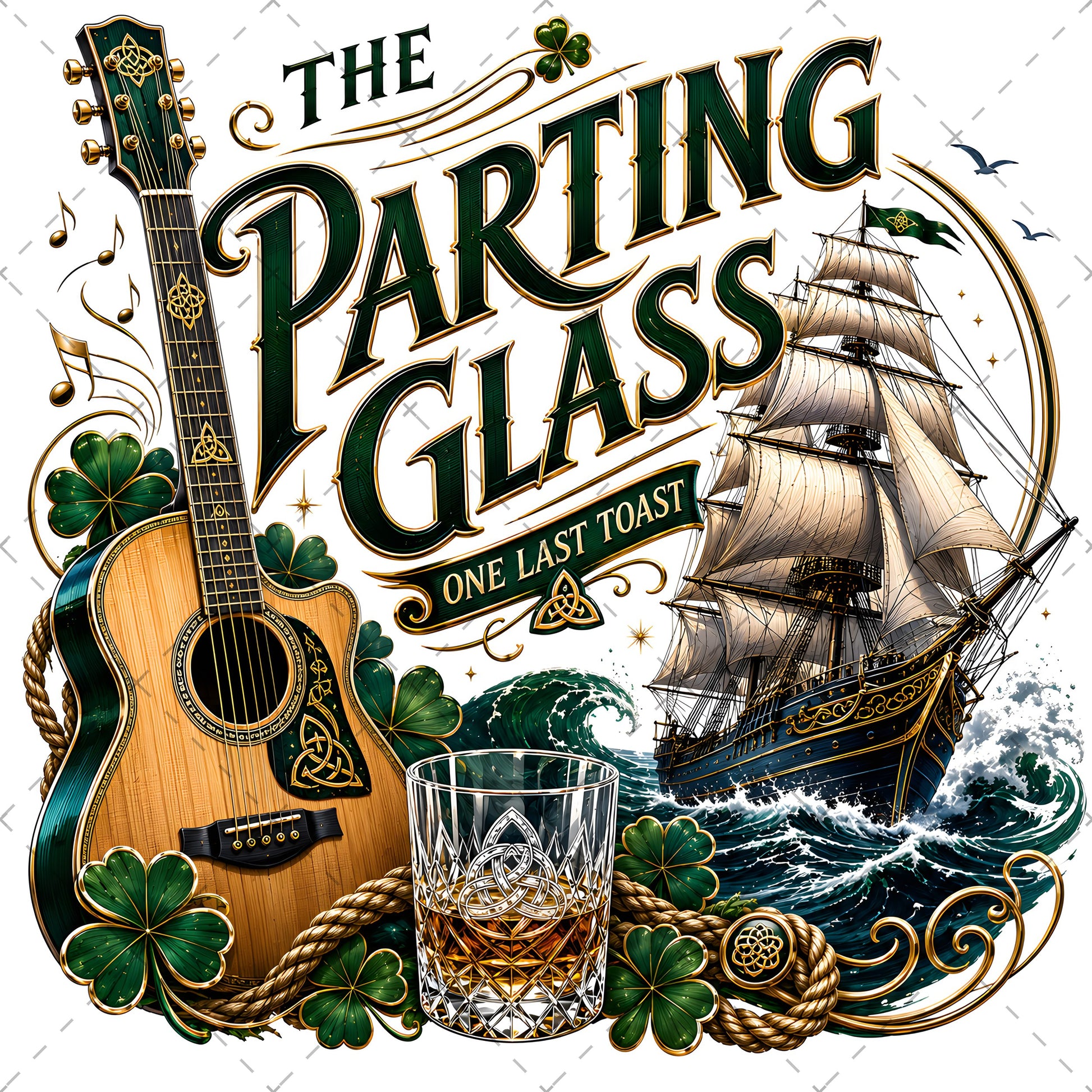 The Parting Glass Irish Folk Song Printable Wall Art Celtic Pub Decor Sublimation PNG Commercial Use, celtic knot design, sailing ship sunset, whiskey glass wall a, PNG, digital download, high resolution