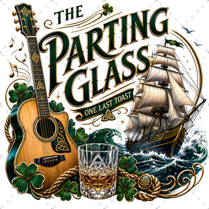 The Parting Glass Irish Folk Song Printable Wall Art Celtic Pub Decor Sublimation PNG Commercial Use, celtic knot design, sailing ship sunset, whiskey glass wall a, PNG, digital download, high resolution