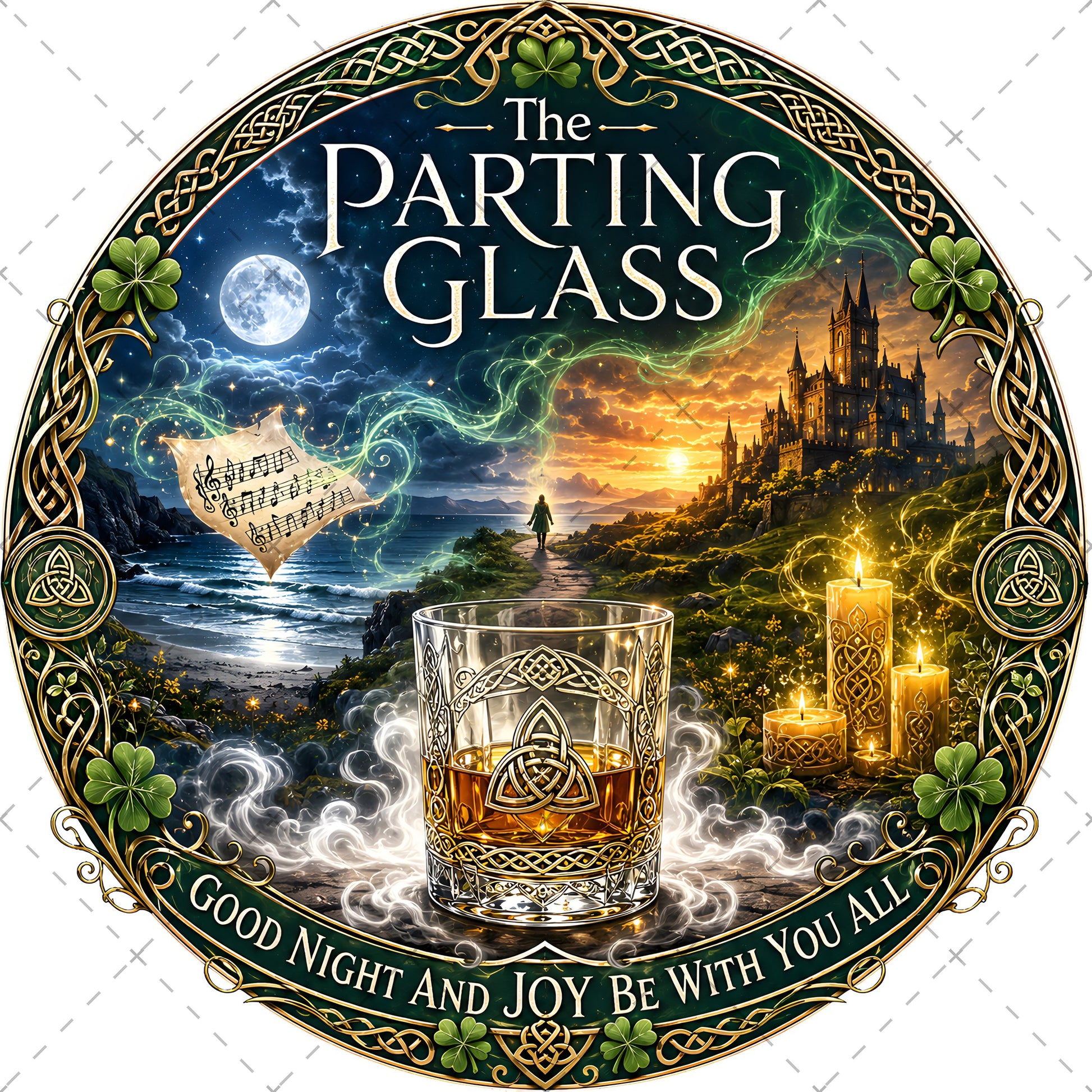 Celtic Parting Glass Irish Folk Song Emblem PNG | Sublimation Design | Commercial Use Print on Demand Art Digital Downloads, emerald isle, whiskey glass print, drinking song, PNG, digital download, high resolution