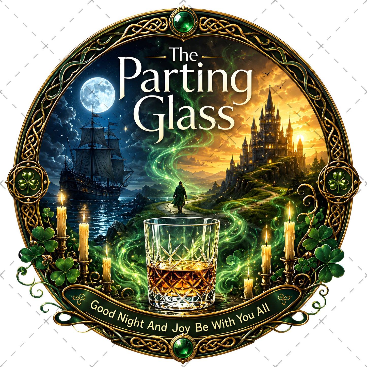 Celtic Parting Glass Irish Folk Song Emblem PNG | Sublimation Design | Commercial Use Print on Demand Art Digital Downloads, emerald isle, whiskey glass print, drinking song, PNG, digital download, high resolution