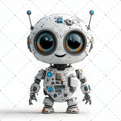 Cute Robot PNG Clipart, Big Eyed Cartoon Robots, Kids Decor Sublimation, T-Shirt Design, Commercial Use POD Bundle