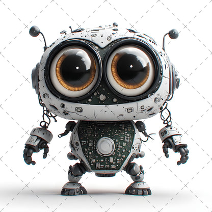 Cute Robot PNG Clipart, Big Eyed Cartoon Robots, Kids Decor Sublimation, T-Shirt Design, Commercial Use POD Bundle