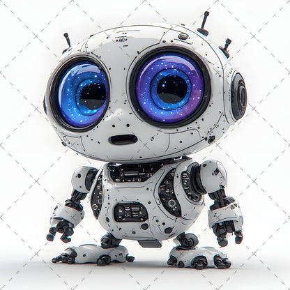 Cute Robot PNG Clipart, Big Eyed Cartoon Robots, Kids Decor Sublimation, T-Shirt Design, Commercial Use POD Bundle