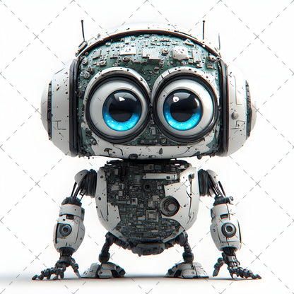 Cute Robot PNG Clipart, Big Eyed Cartoon Robots, Kids Decor Sublimation, T-Shirt Design, Commercial Use POD Bundle