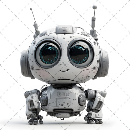 Cute Robot PNG Clipart, Big Eyed Cartoon Robots, Kids Decor Sublimation, T-Shirt Design, Commercial Use POD Bundle