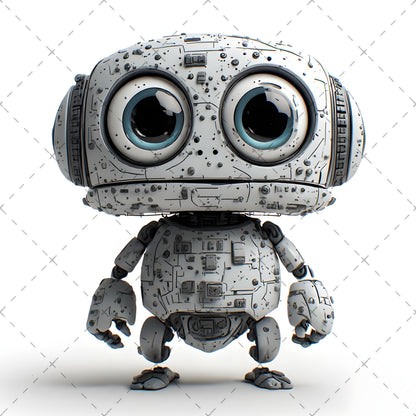 Cute Robot PNG Clipart, Big Eyed Cartoon Robots, Kids Decor Sublimation, T-Shirt Design, Commercial Use POD Bundle