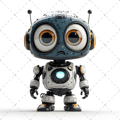 Cute Robot PNG Clipart, Big Eyed Cartoon Robots, Kids Decor Sublimation, T-Shirt Design, Commercial Use POD Bundle