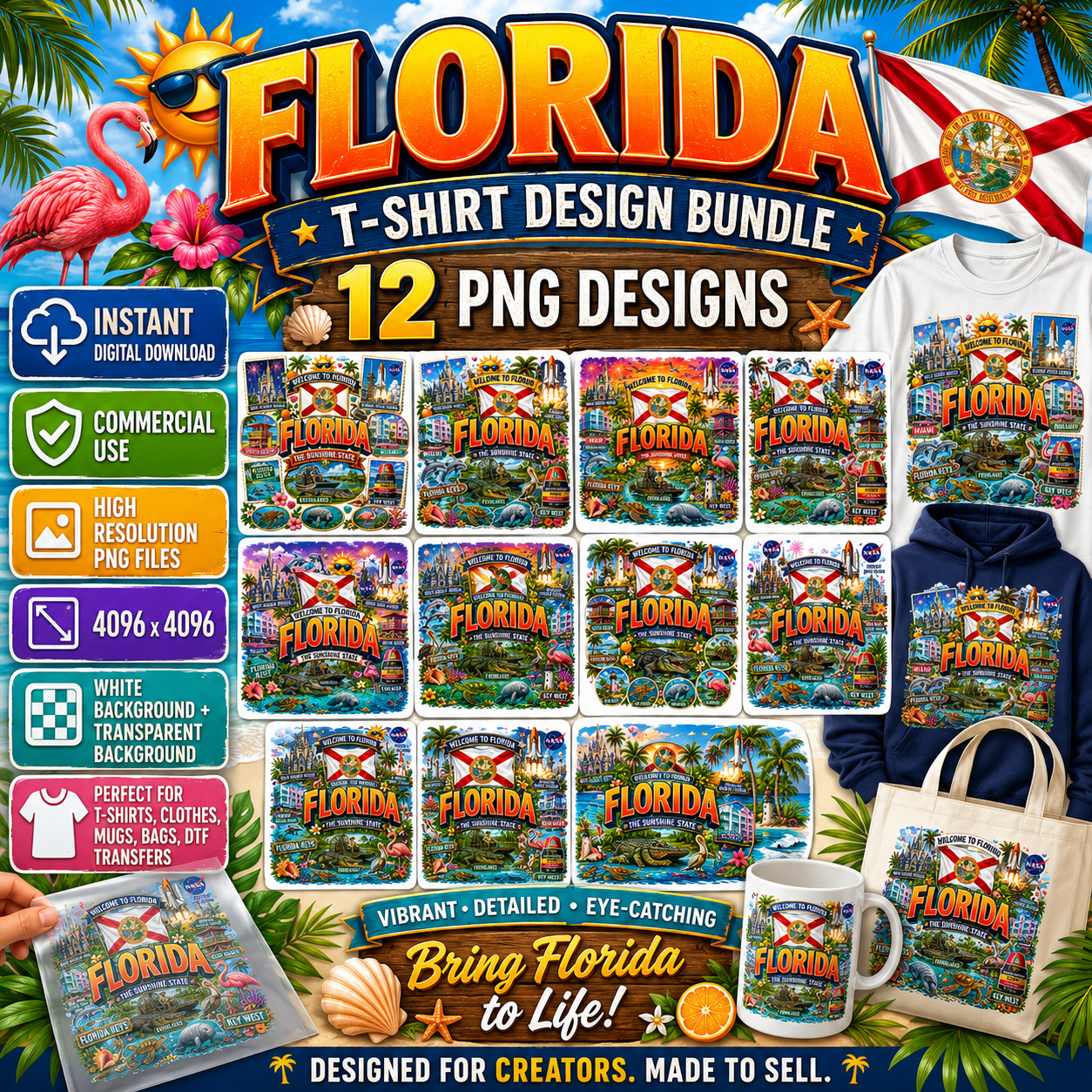 Florida Sunshine State PNG Travel Souvenir Collage Sublimation Design Landmarks Beach POD T-Shirt Mug Tumbler