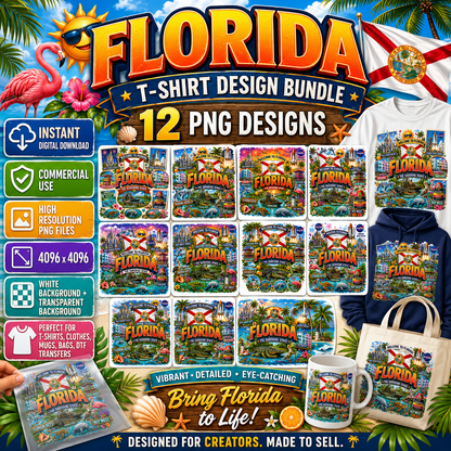 Florida Sunshine State PNG Travel Souvenir Collage Sublimation Design Landmarks Beach POD T-Shirt Mug Tumbler