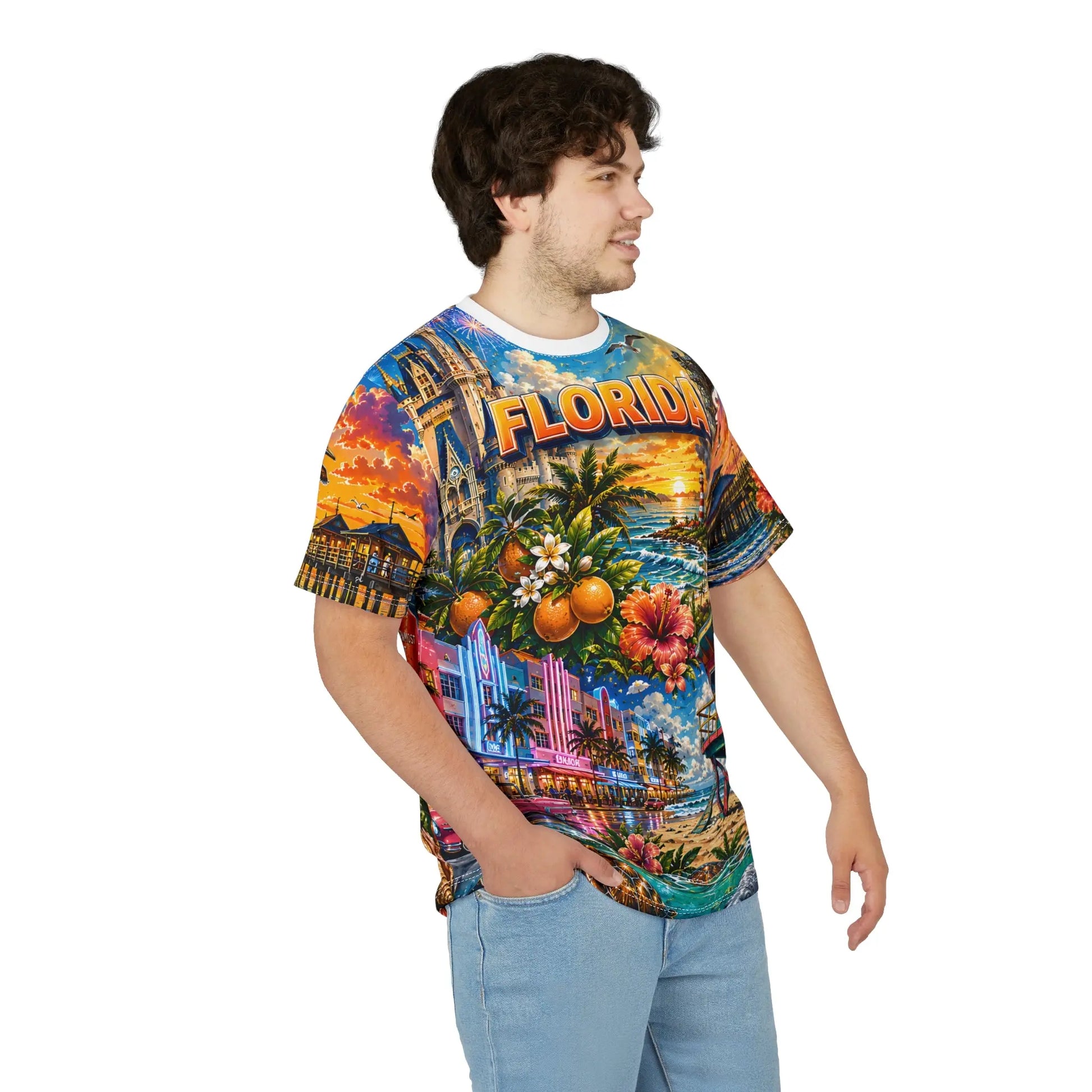 Man wearing the Florida orange-grove sunset print tee, three-quarter front view
