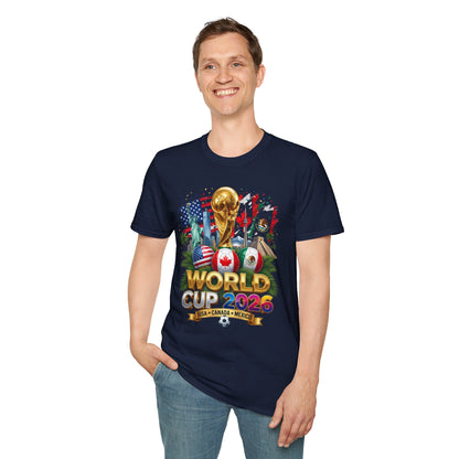 T-Shirt — World Cup 2026 Trophy Design with USA, Canada & Mexico Flags