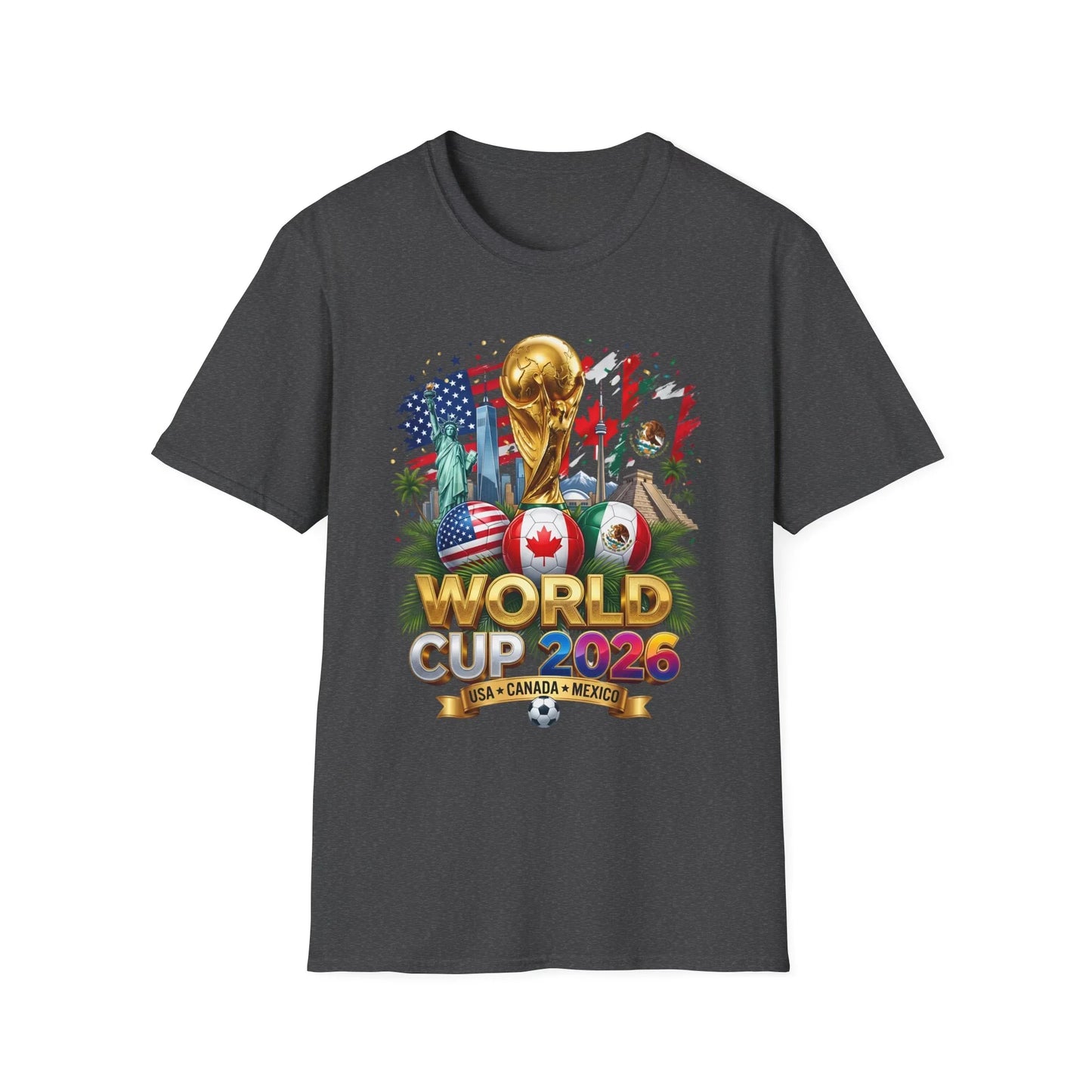 World Cup 2026 trophy and flags design on a dark charcoal heather t-shirt, flat product shot