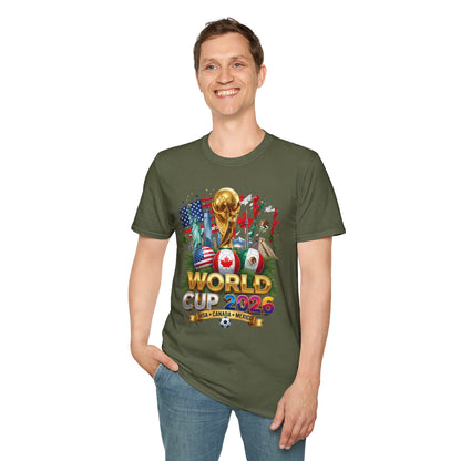 T-Shirt — World Cup 2026 Trophy Design with USA, Canada & Mexico Flags