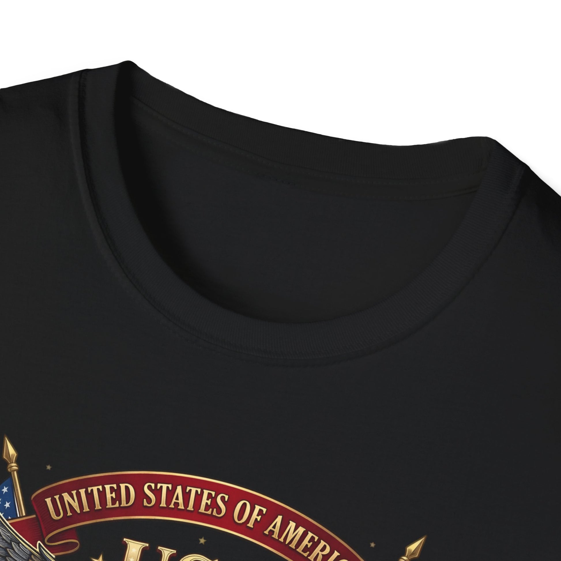 Close-up of the eagle and flag 250 print detail near the collar of a black t-shirt
