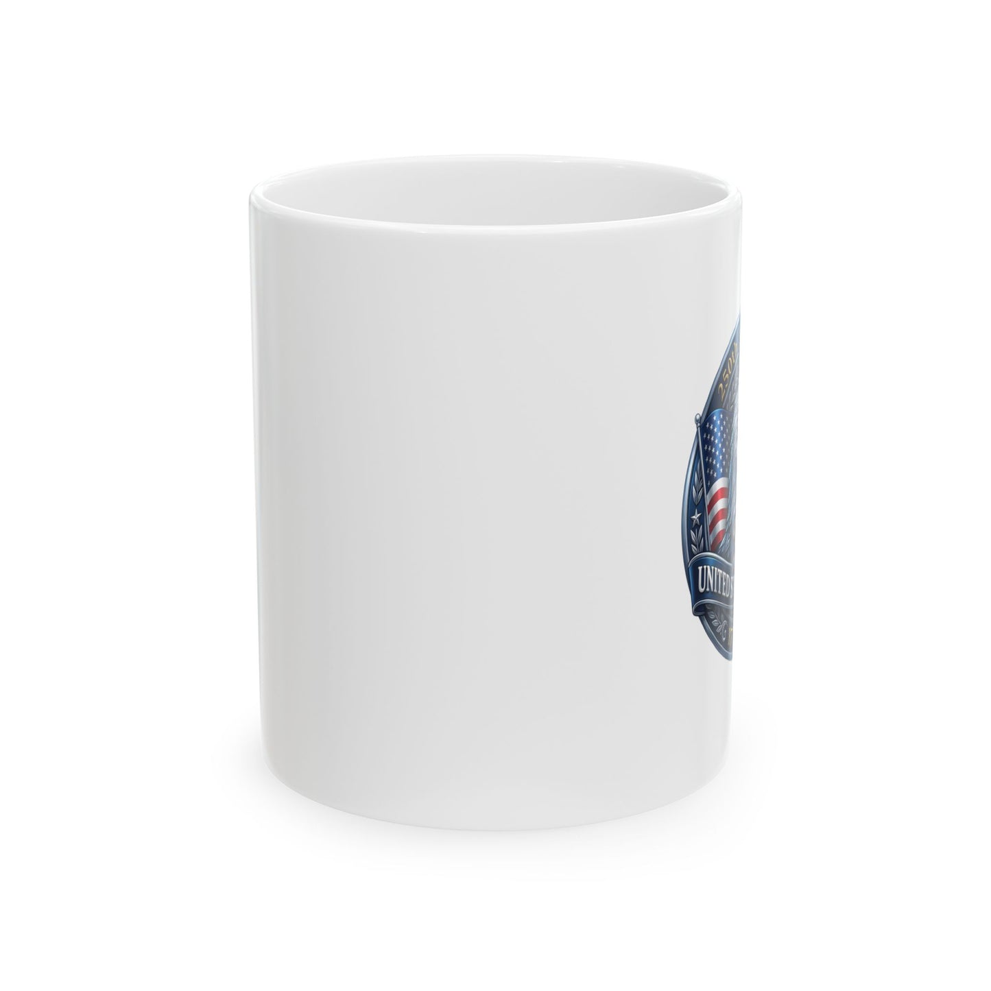 White ceramic coffee mug side view with the eagle design at the edge, plain white background