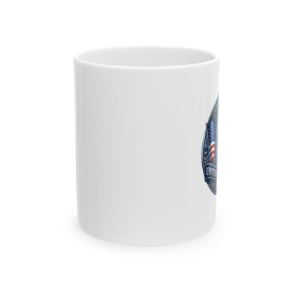 White ceramic coffee mug side view with the eagle design at the edge, plain white background