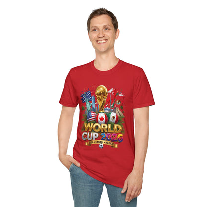 Printify T-shirt featuring the 2026 World Cup trophy design with USA, Canada, and Mexico flags on a white background.