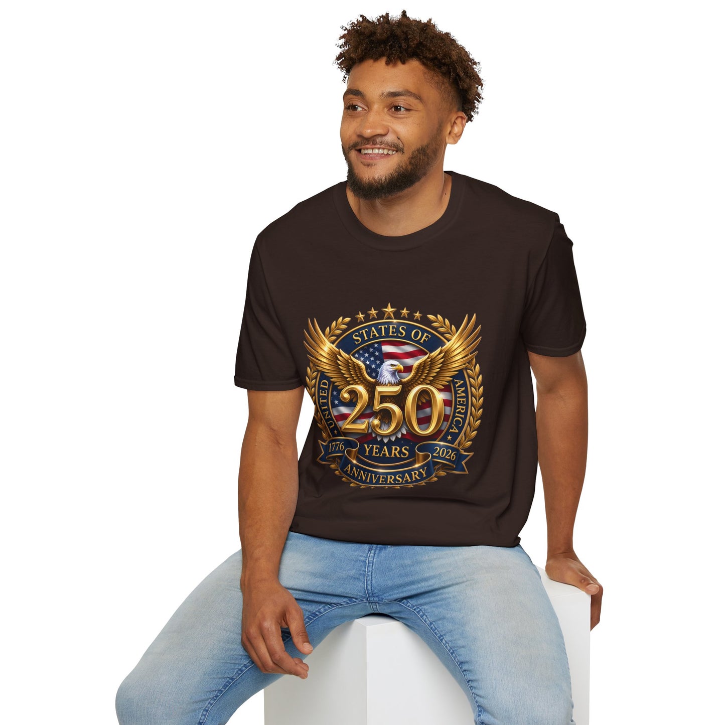250th Anniversary USA gold eagle crest design on a dark brown t-shirt, worn by a man seated on a stool