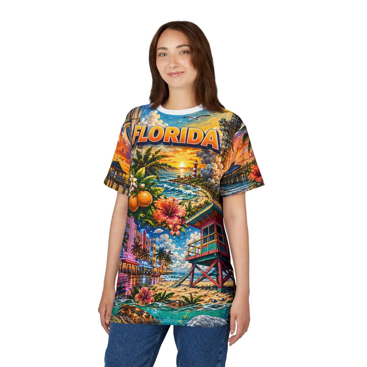 Woman wearing the vibrant Florida tropical beach all-over-print tee, front view