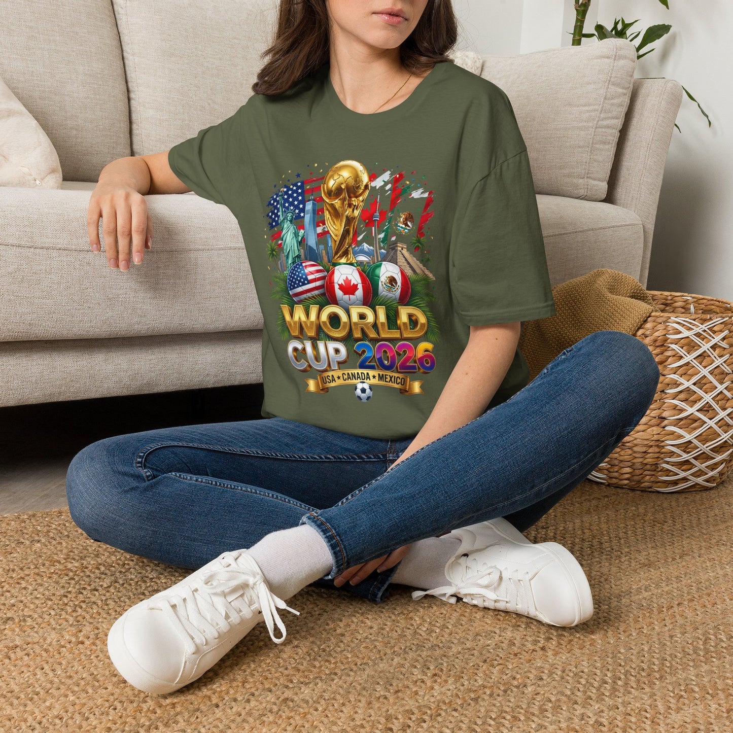 T-Shirt — World Cup 2026 Trophy Design with USA, Canada & Mexico Flags