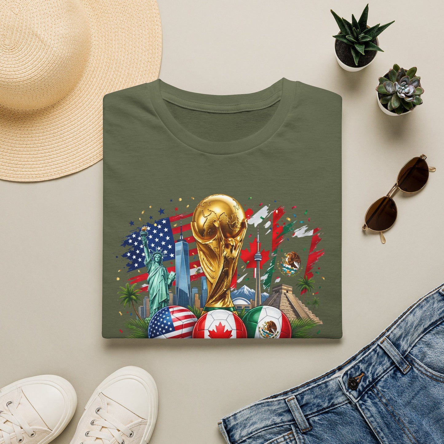 T-Shirt — World Cup 2026 Trophy Design with USA, Canada & Mexico Flags