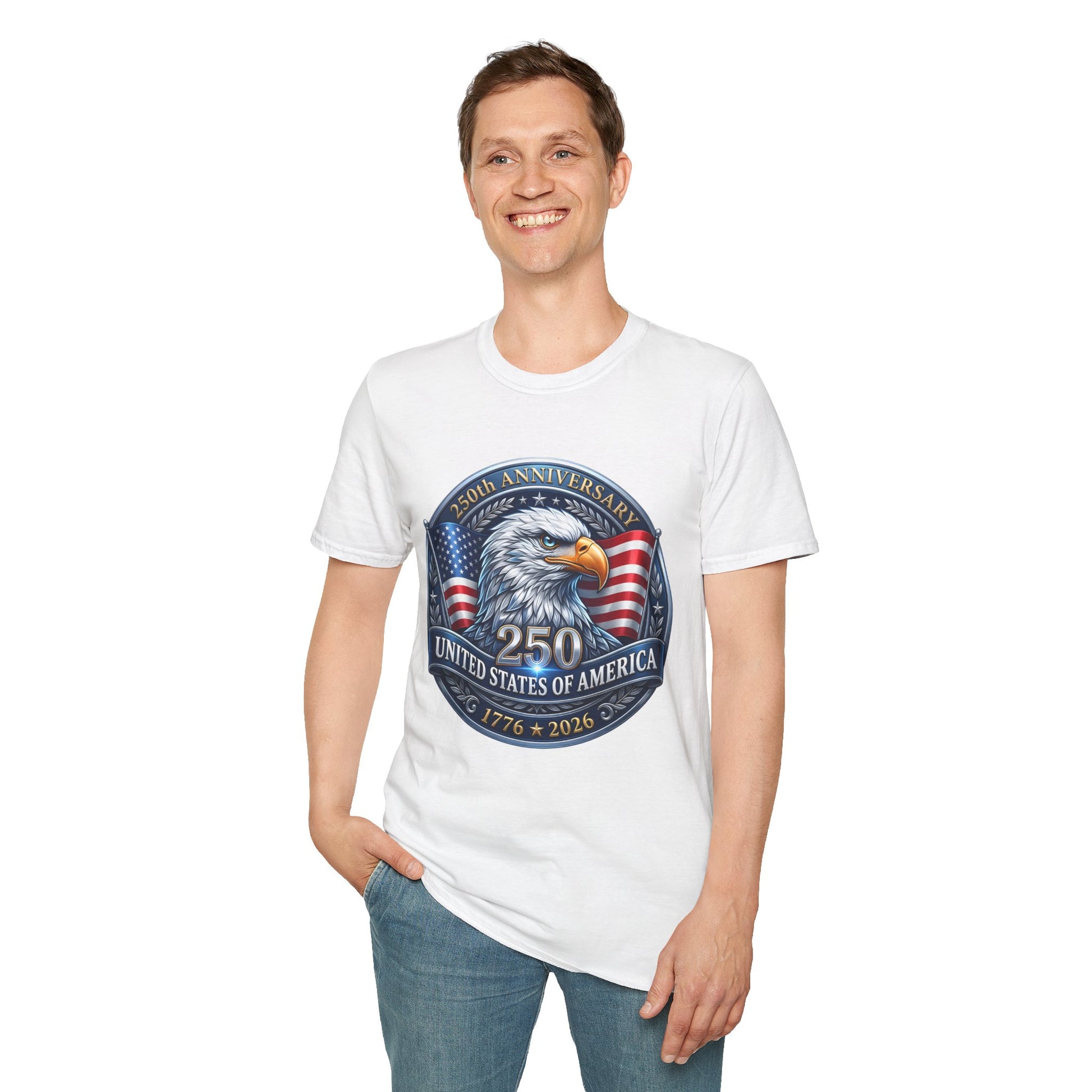 250th anniversary USA eagle design on a white t-shirt, worn by a smiling man, front view