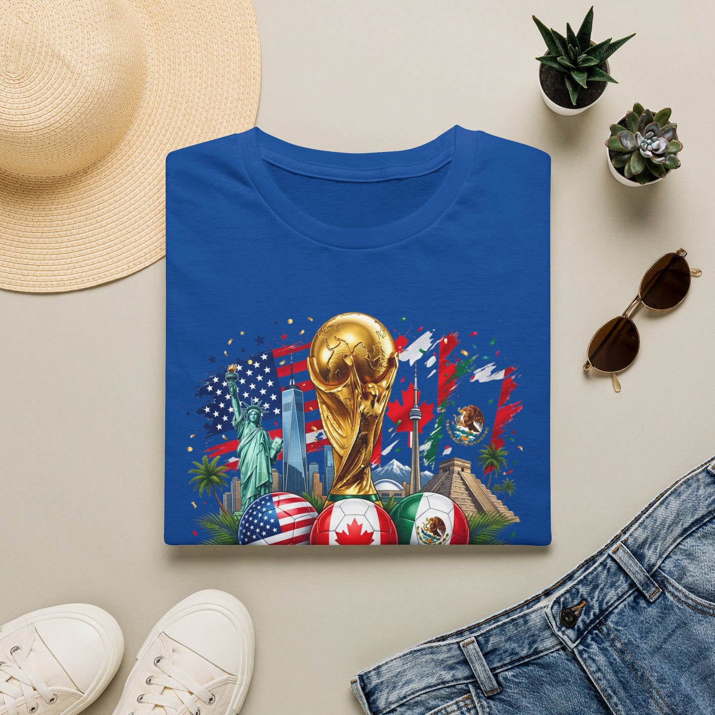 T-Shirt — World Cup 2026 Trophy Design with USA, Canada & Mexico Flags