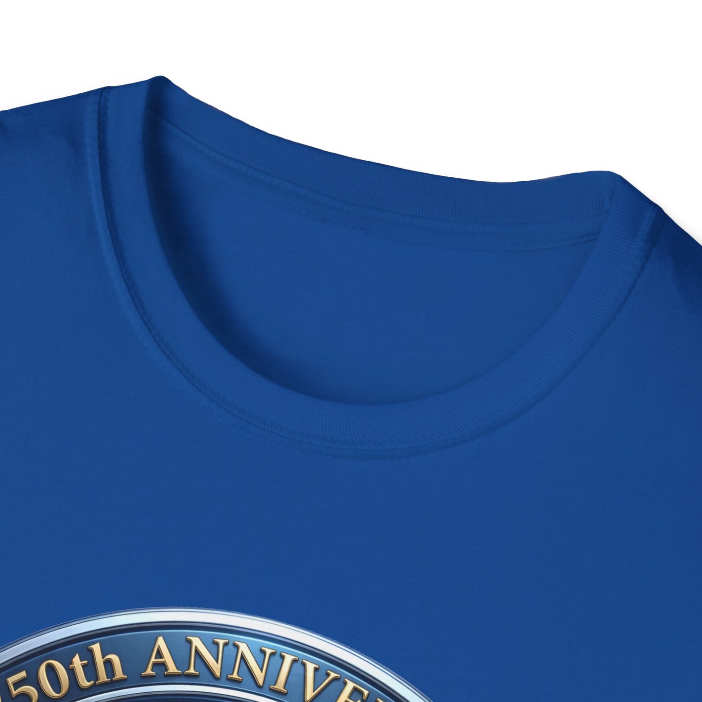 Close-up of the 250th anniversary eagle print near the collar of a blue t-shirt