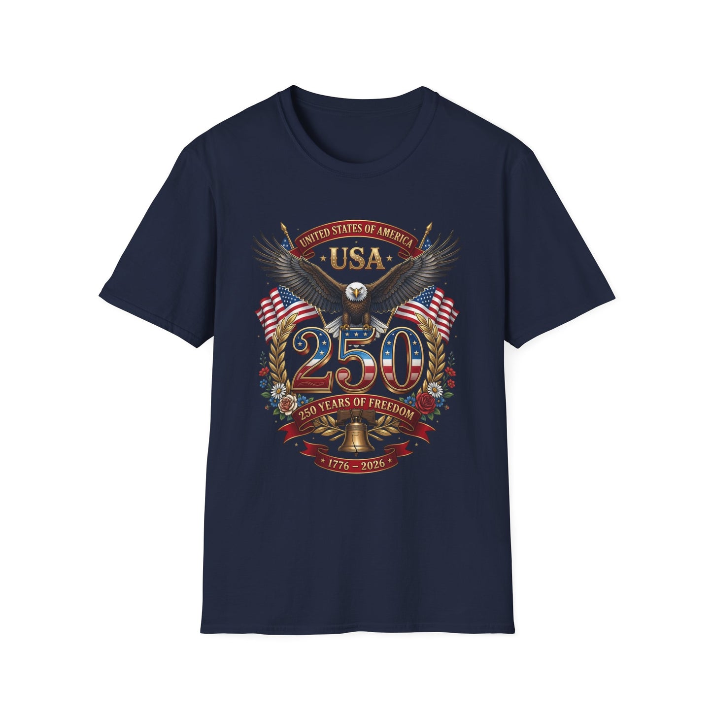 USA eagle 250 anniversary design on a navy-blue t-shirt, plain front product shot