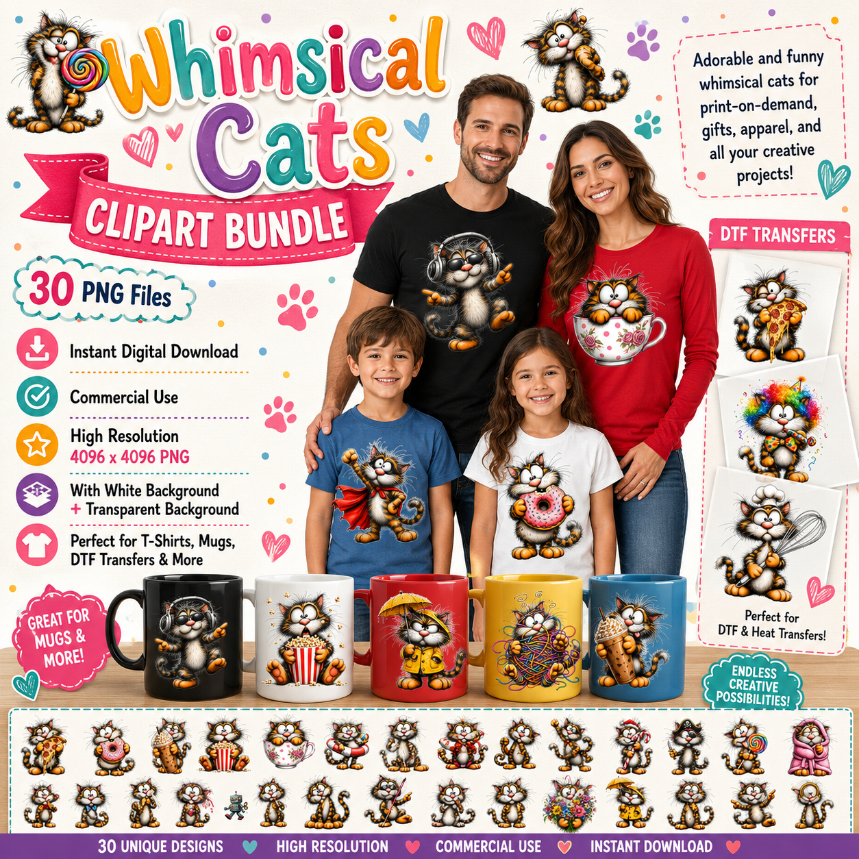 Whimsical kitten clipart bundle featuring cute cat illustrations for nursery decor, kids' crafts, and digital download projects.
