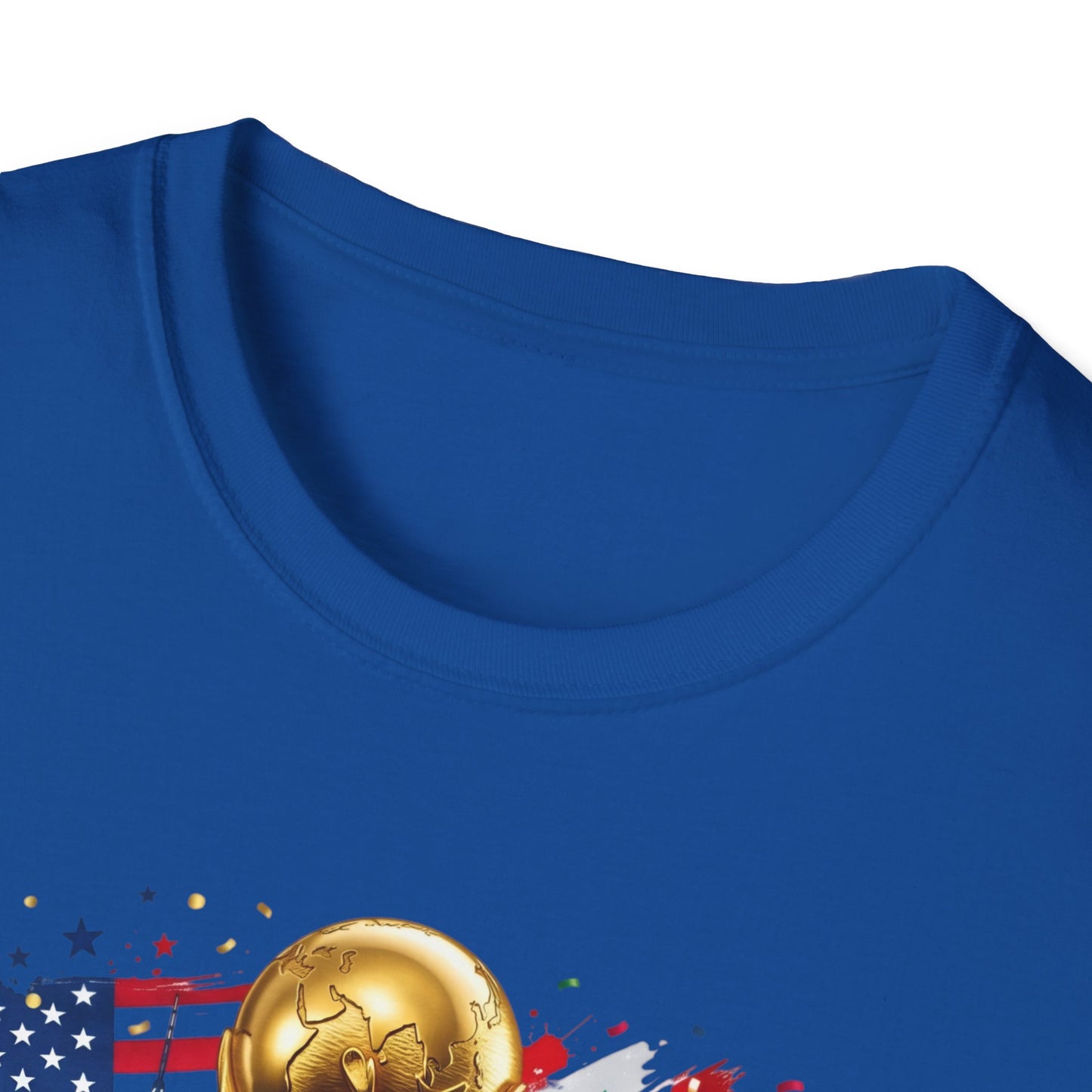 Printify T-shirt featuring the 2026 World Cup trophy design with USA, Canada, and Mexico flags on a white background.