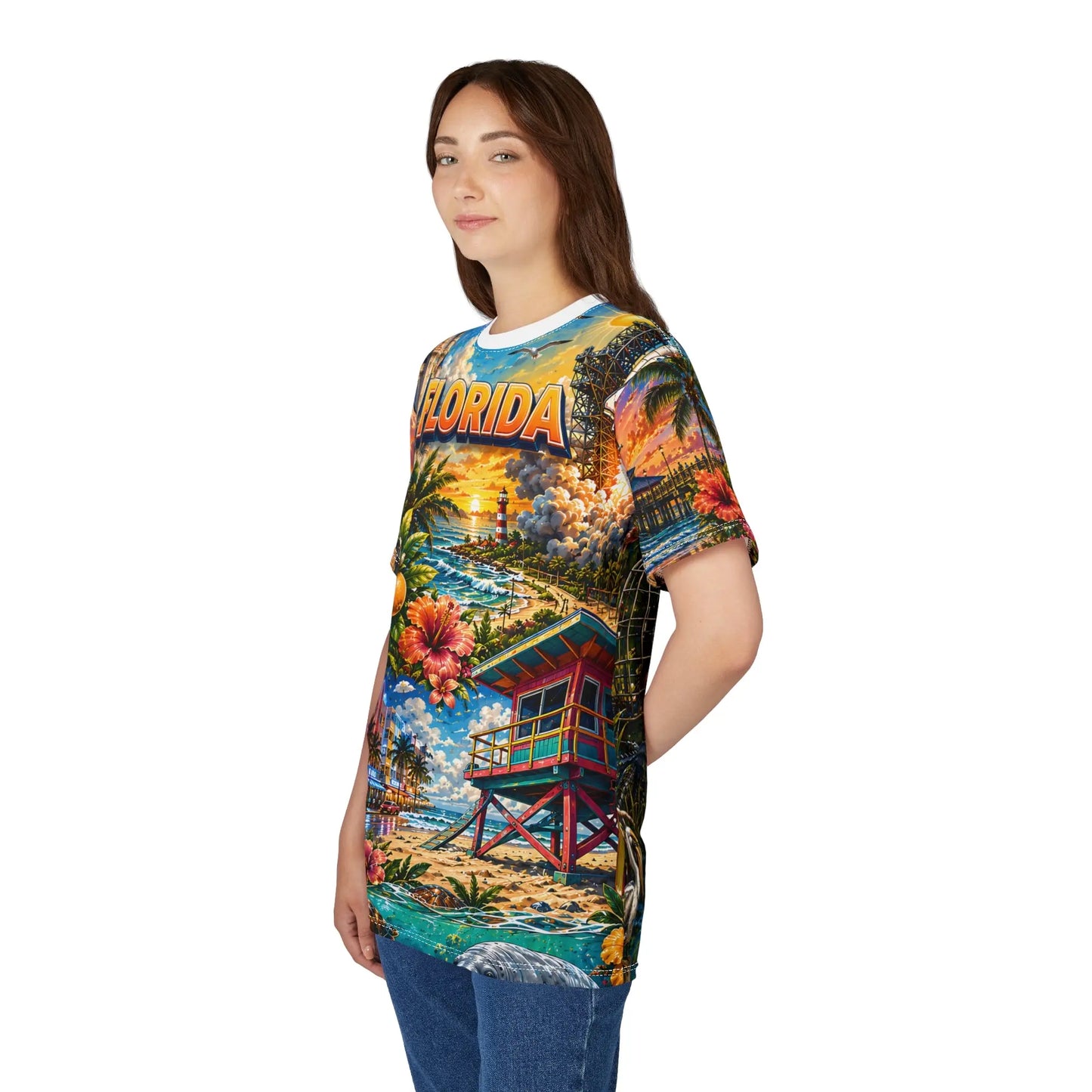 Woman in the colorful Florida tropical beach print t-shirt, side profile view