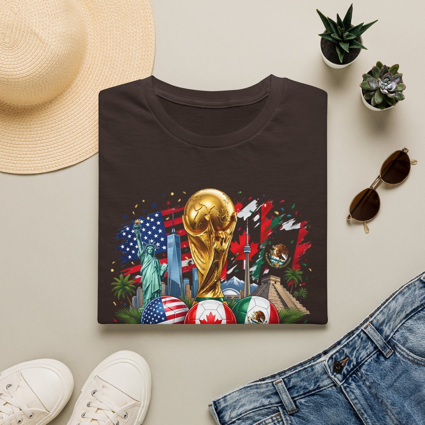 Printify T-shirt featuring the 2026 World Cup trophy design with USA, Canada, and Mexico flags on a white background.