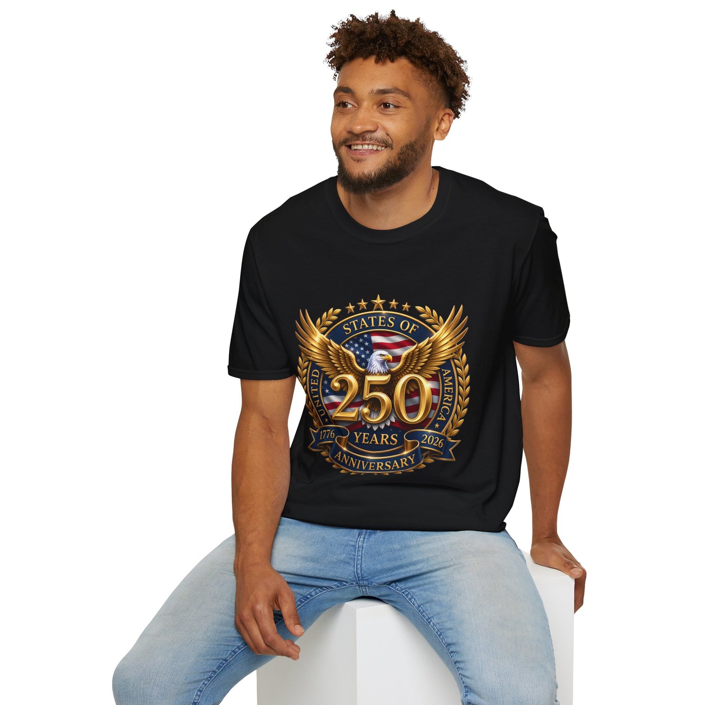 250th Anniversary USA gold eagle crest design on a black t-shirt, worn by a man seated on a stool