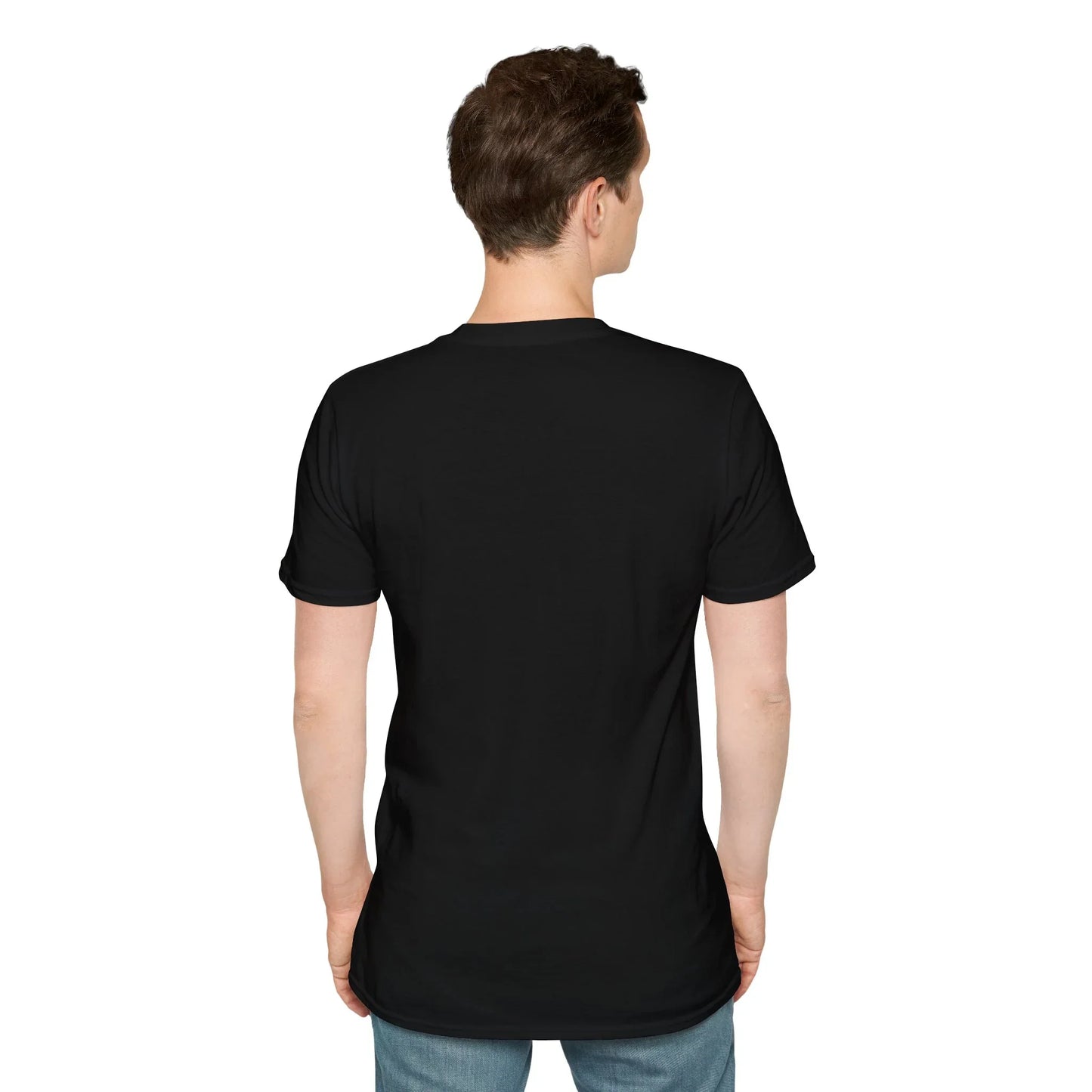 Back view of a plain black unisex t-shirt worn by a man, blank reverse of the World Cup 2026 tee
