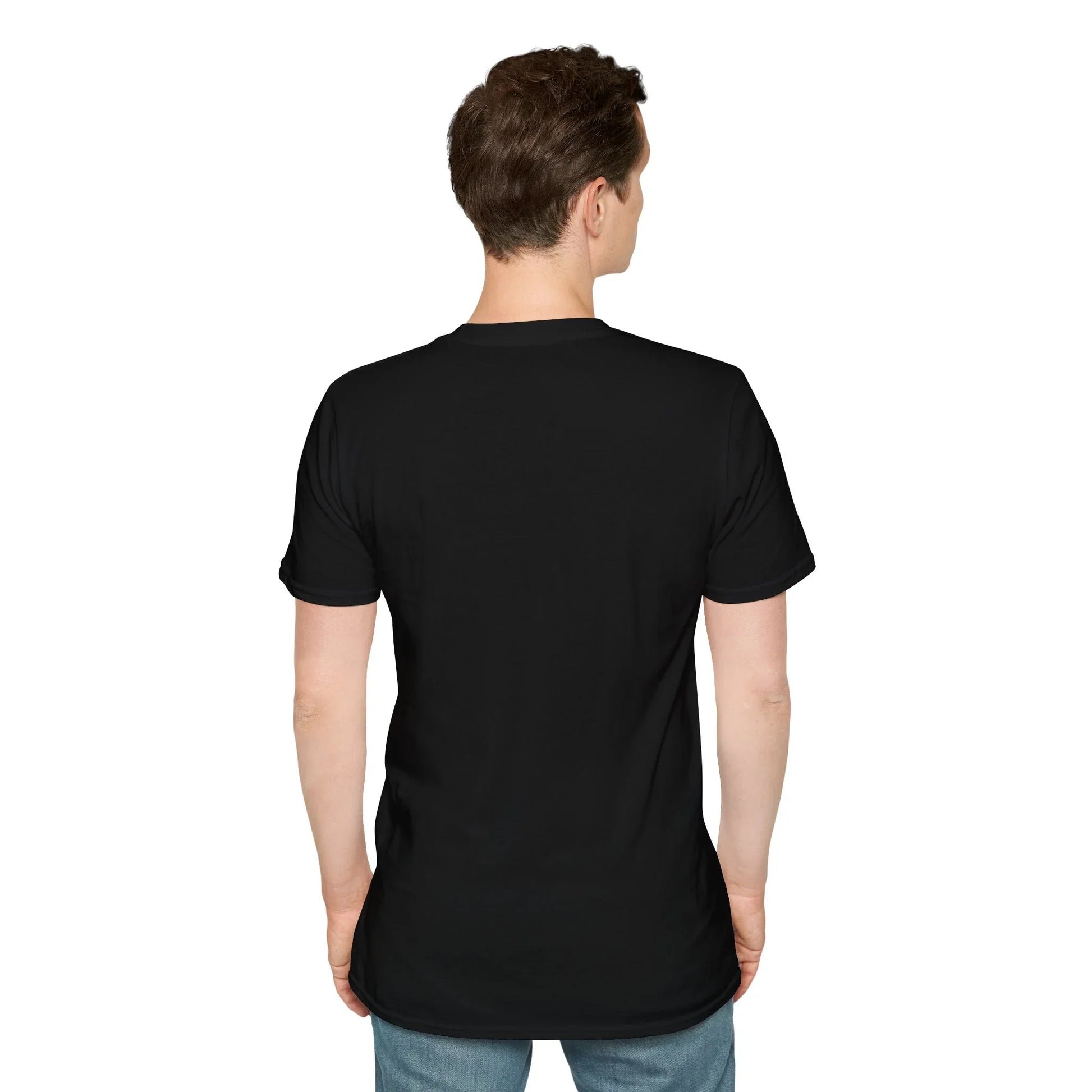 Back view of a plain black unisex t-shirt worn by a man, blank reverse of the World Cup 2026 tee