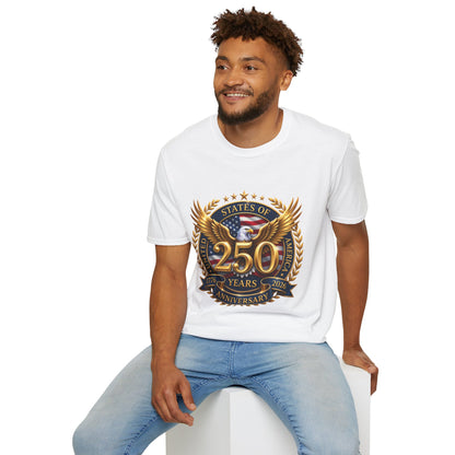 250th Anniversary USA gold eagle crest design on a white t-shirt, worn by a man seated on a stool