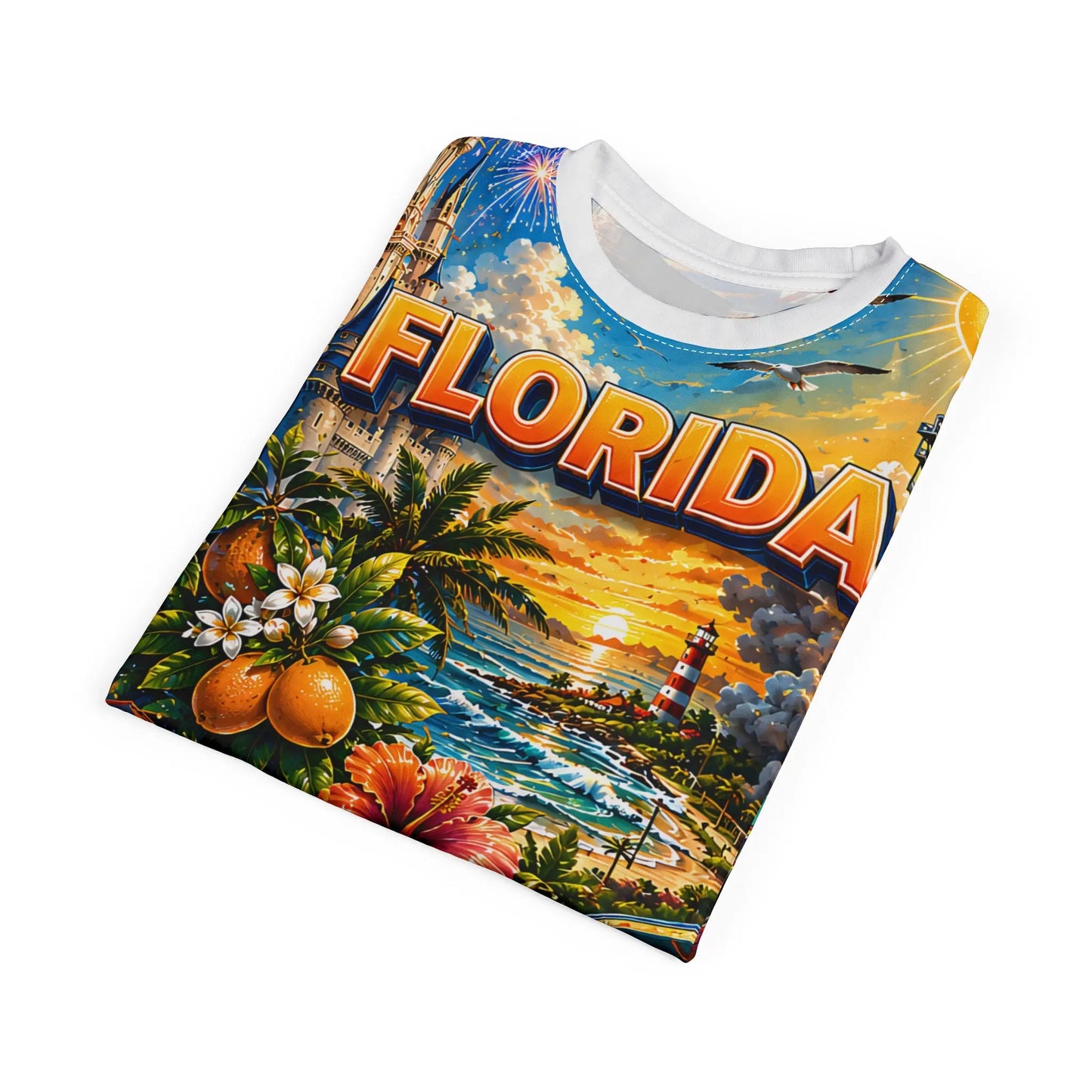 Folded Florida tropical sunset all-over-print t-shirt showing orange grove and lighthouse