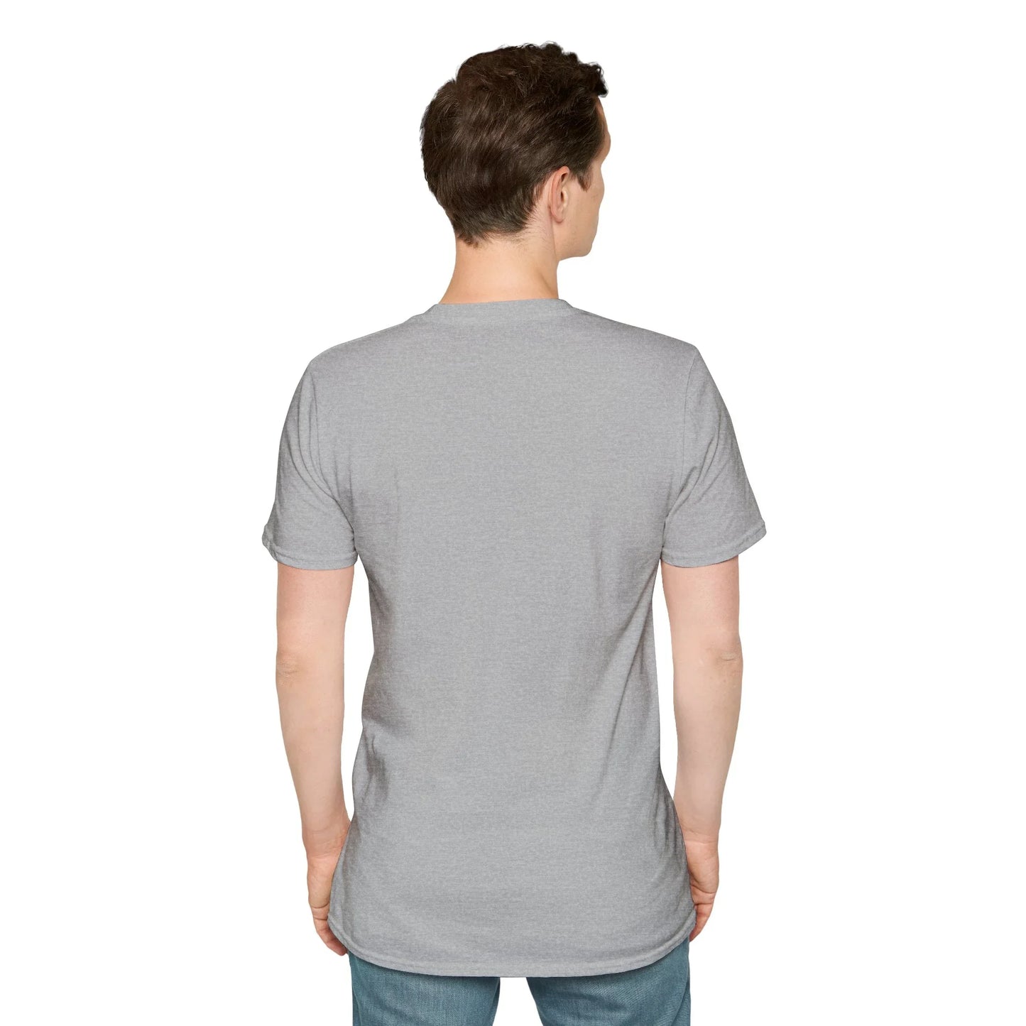 Back view of a plain heather-gray unisex t-shirt worn by a man, blank reverse of the tee