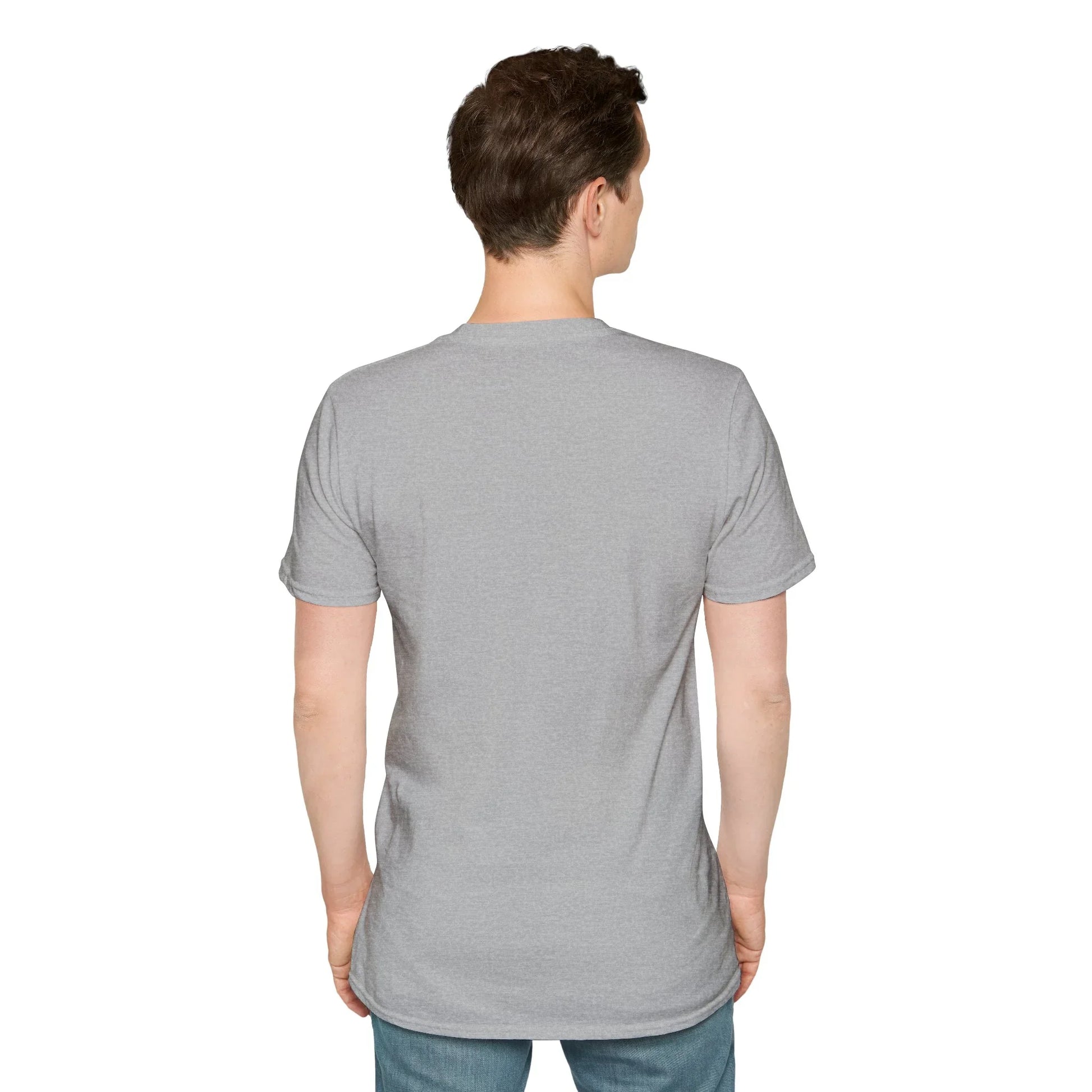 Back view of a plain heather-gray unisex t-shirt worn by a man, blank reverse of the tee