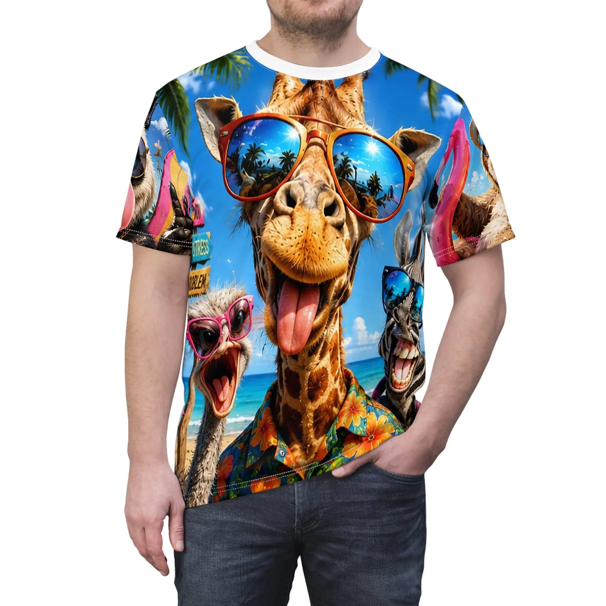 Funny summer animal beach T-shirt featuring a giraffe and friends with sunglasses, all-over print design by Printify