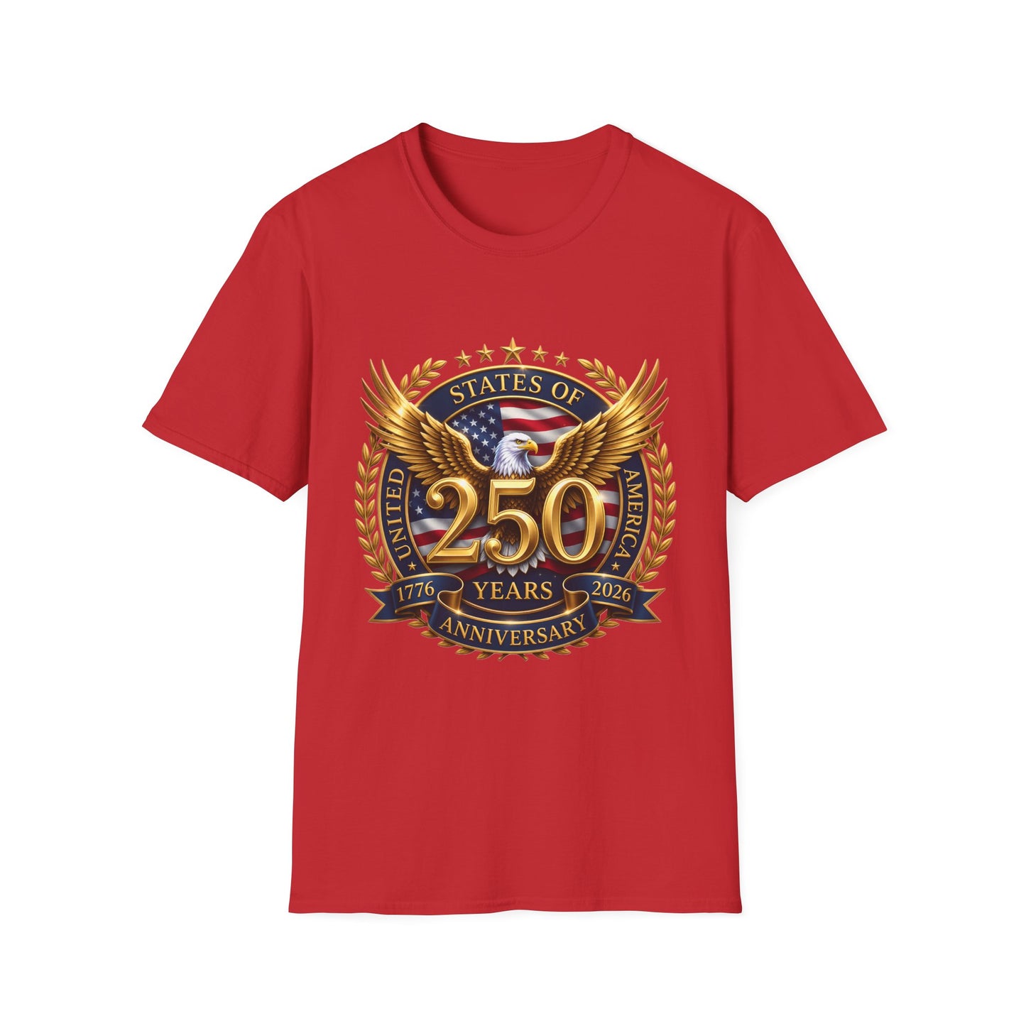 250th Anniversary USA gold eagle crest design on a red t-shirt, plain front product shot