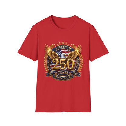 250th Anniversary USA gold eagle crest design on a red t-shirt, plain front product shot